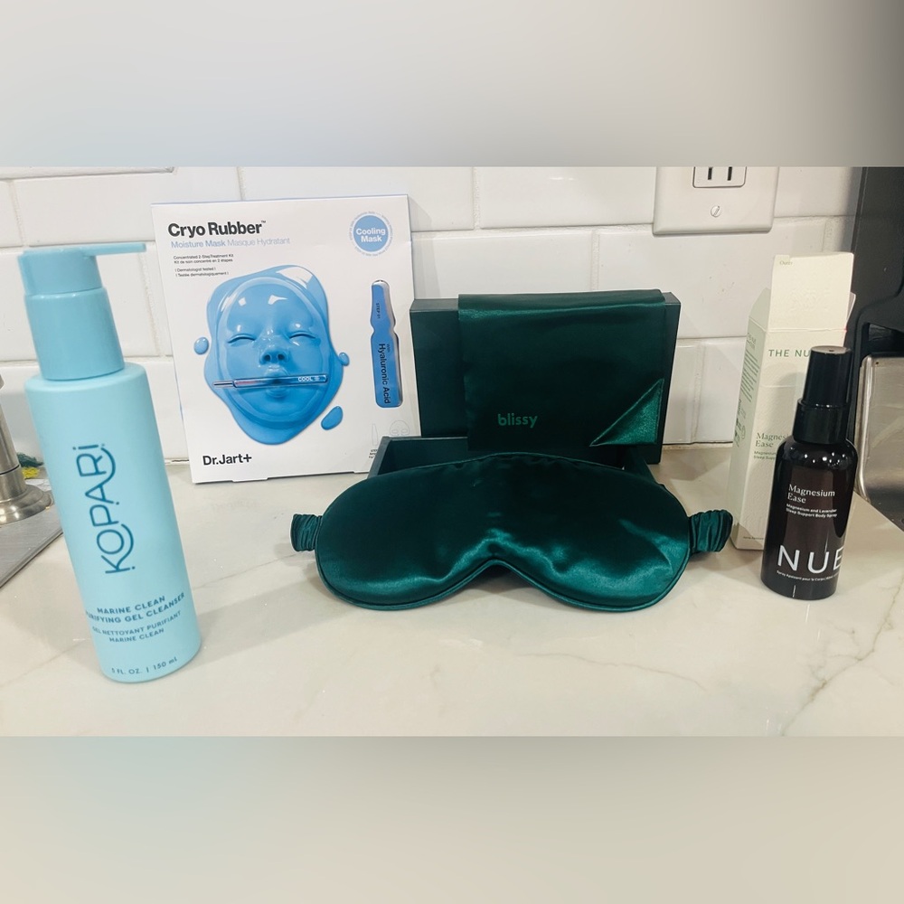 Set of 4 self care items-Blissy Sleep Mask, Kopari, Magnesium Ease & Cryo Mask